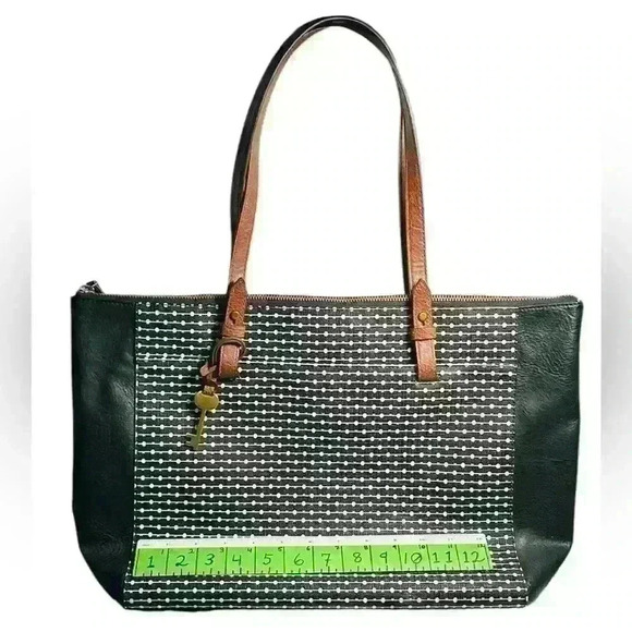 A black & brown Fossil Rachel top zipper closure tote bag. - Picture 2 of 12